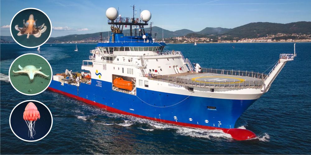 Fotografía del buque de investigación B/I Falkor (Too), acompañado de imágenes de especies marinas como pulpos, estrellas de mar y medusas.