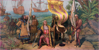 Ilustración de Cristóbal Colón en su llegada a América.