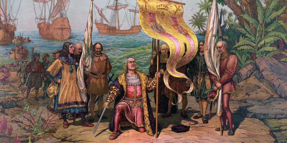 Ilustración de Cristóbal Colón en su llegada a América.