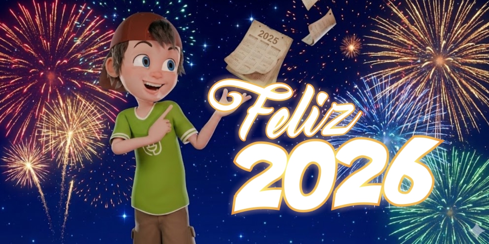 Imagen de Alejo soltando el calendario de 2025 que sale volando, con un texto que dice: “Feliz 2026”, más fuegos artificiales sobre un fondo azul estrellado.