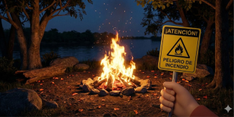 Imagen de un fogón encendido en un bosque, con una mano en primer plano sosteniendo una señal amarilla de advertencia.