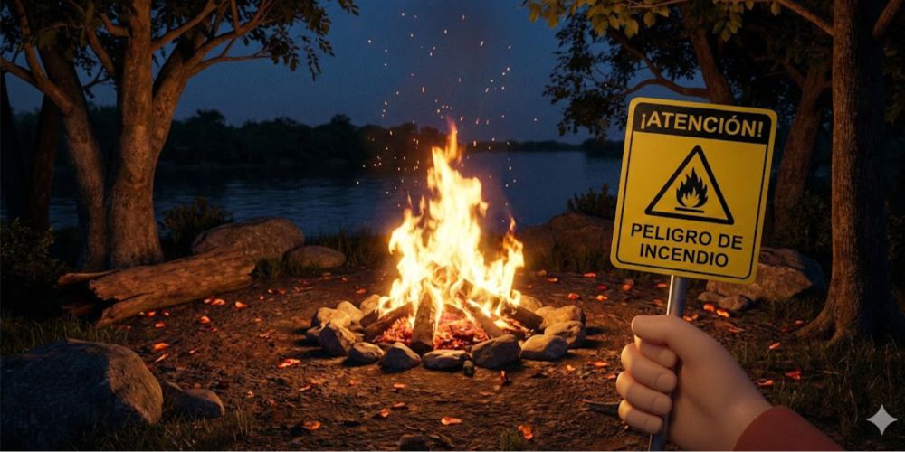 Imagen de un fogón encendido en un bosque, con una mano en primer plano sosteniendo una señal amarilla de advertencia.
