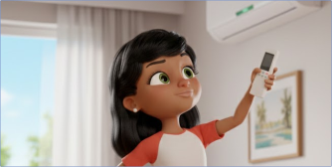 Imagen de Kiara usando un control remoto para encender el aire acondicionado, de forma eficiente.