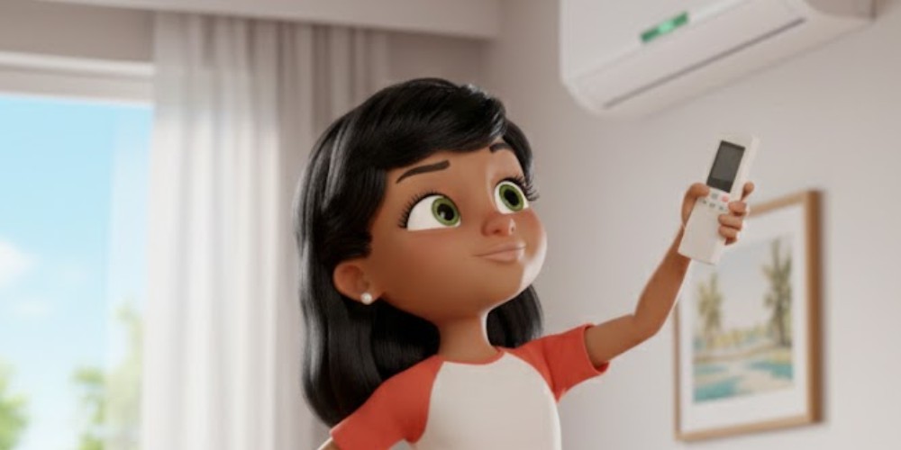 Imagen de Kiara usando un control remoto para encender el aire acondicionado, de forma eficiente.