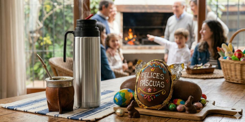 Primer plano de una mesa de madera con huevos de chocolate de Pascua, un mate y un termo, con una familia uruguaya desenfocada al fondo reunida junto a un parrillero.