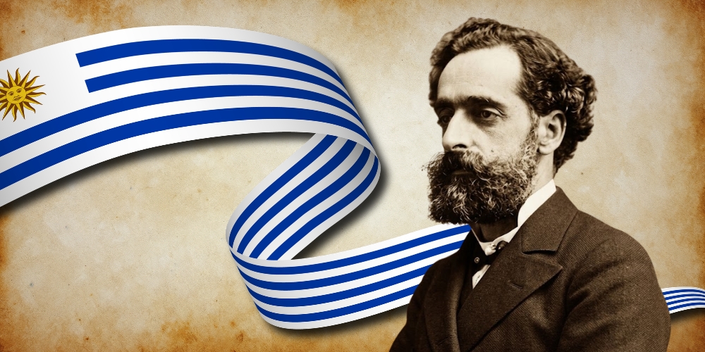 Imagen de José Pedro Varela en sepia junto a una cinta ondeante con la bandera de Uruguay.