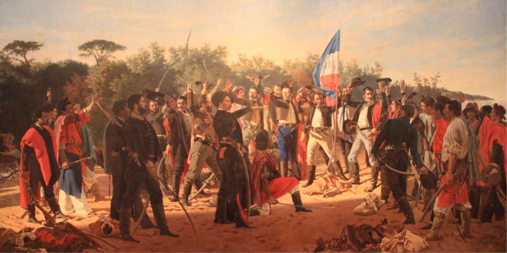 Pintura de Juan Manuel Blanes que muestra a los Treinta y Tres Orientales, reunidos y listos para la batalla.