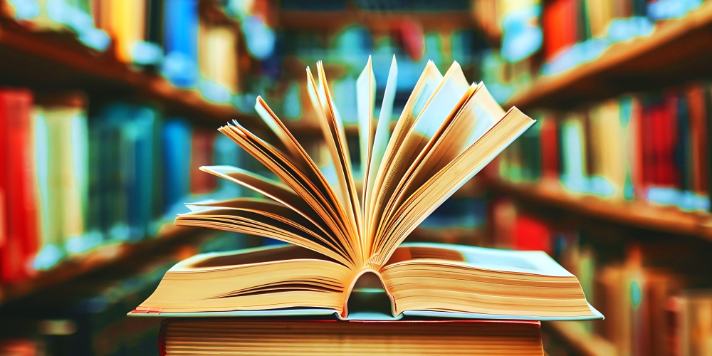 Fotografía de un libro abierto sobre el fondo de estanterías de la biblioteca.