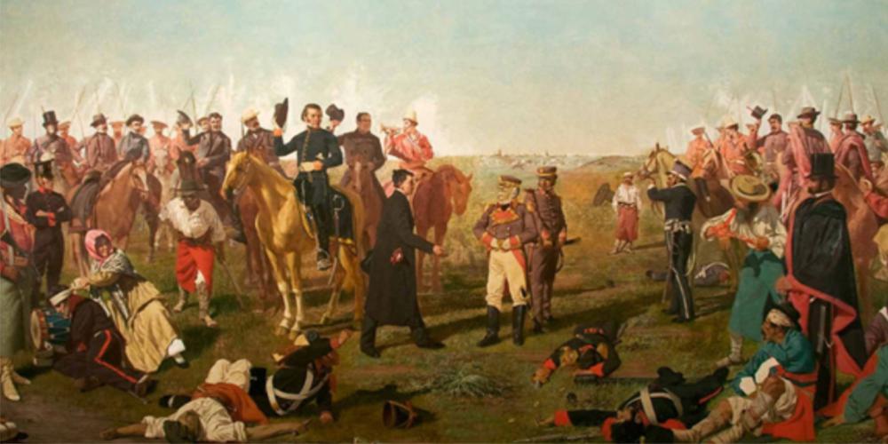 Pintura realizada por Juan Luis Blanes, con intervenciones de Juan Manuel Blanes, que retrata la rendición de Posadas en la batalla de Las Piedras.