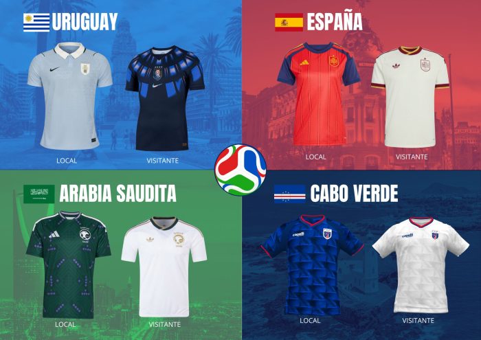 Descripción: Un collage que presenta las camisetas de fútbol de local y visitante para cuatro selecciones nacionales: Uruguay (la local celeste y la visitante negra con detalles azules), España (la local roja con detalles azules y amarillos y la visitante blanca con detalles rojos y dorados), Arabia Saudita (la local verde y la visitante blanca) y Cabo Verde (la local azul con detalles rojos y la visitante blanca con detalles rojos). Cada sección muestra la bandera del país, su nombre en español, y las dos camisetas correspondientes, además de fondos coloridos de imágenes de sus capitales Montevideo, Madrid, Riad y Praia.