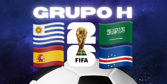 Descripción: Grupo H de la Copa del Mundo de 2026 con las banderas de Uruguay, Arabia Saudita, España y Cabo Verde, el logo del Mundial 2026 y una enorme pelota de fútbol sobre un cielo estrellado.