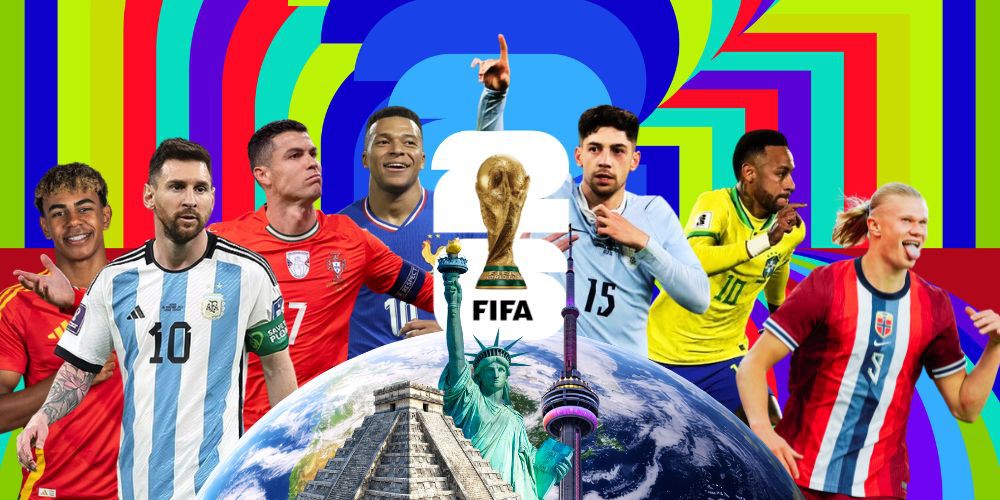 Imagen que muestra el logo de la Copa Mundial de la FIFA 2026 sobre el planeta Tierra en la base, que incluye monumentos emblemáticos como la pirámide de Chichén Itzá de México, la Estatua de la Libertad y la CN Tower de Toronto. Siete estrellas del fútbol internacional, incluidas Lamine, Messi, Ronaldo, Mbappé, Valverde, Neymar y Haaland, están dispuestas alrededor de la copa, todo sobre un fondo geométrico vibrante y colorido.