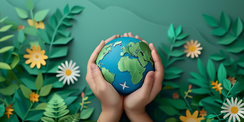Imagen de manos protectoras acunando la Tierra, sobre un fondo verde con hojas y flores.