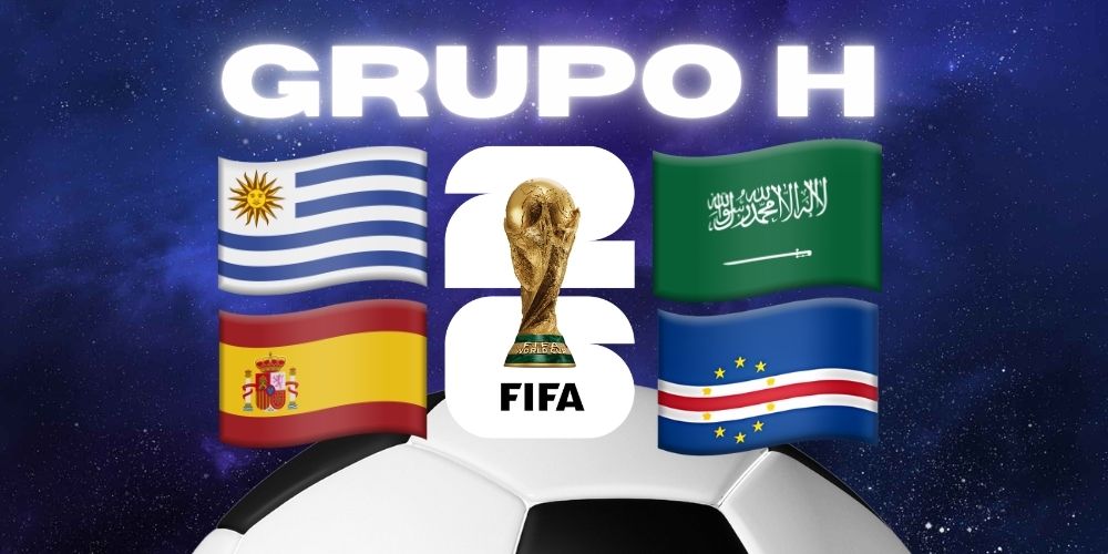 Descripción: Grupo H de la Copa del Mundo de 2026 con las banderas de Uruguay, Arabia Saudita, España y Cabo Verde, el logo del Mundial 2026 y una enorme pelota de fútbol sobre un cielo estrellado.