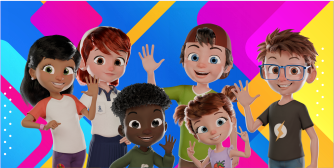 Imagen de Kiara, Candela, Kelvin, Alejo, Lucia y Máximo saludando sonrientes, en el fondo colorido.