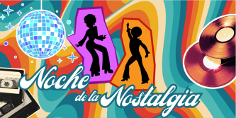 Cartel horizontal colorido al estilo de los años 70, con una bola de discoteca, dos siluetas de personas bailando, casetes y discos de vinilo, con el texto blanco retro con borde verde azulado 'Noche de la Nostalgia'.