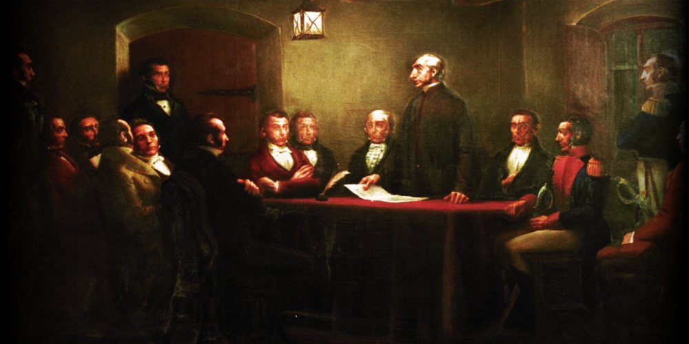 Pintura “Asamblea de la Florida” de Eduardo Amézaga, donde aparecen los representantes y el presidente de la Asamblea de la Florida.