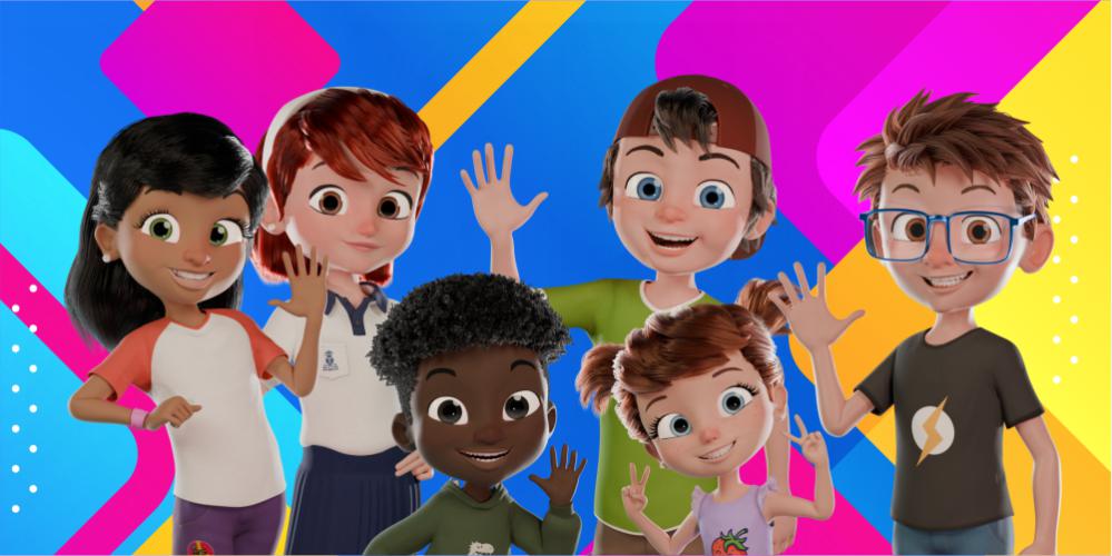 Imagen de Kiara, Candela, Kelvin, Alejo, Lucia y Máximo saludando sonrientes, en el fondo colorido.
