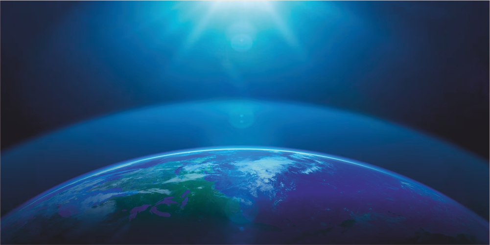 Imagen del Planeta Tierra y la Capa de Ozono, representada como una franja de gas que protege la Tierra de los rayos del Sol.