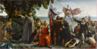 Pintura romántica de la llegada de Cristóbal Colón a América, por Dióscoro Puebla.