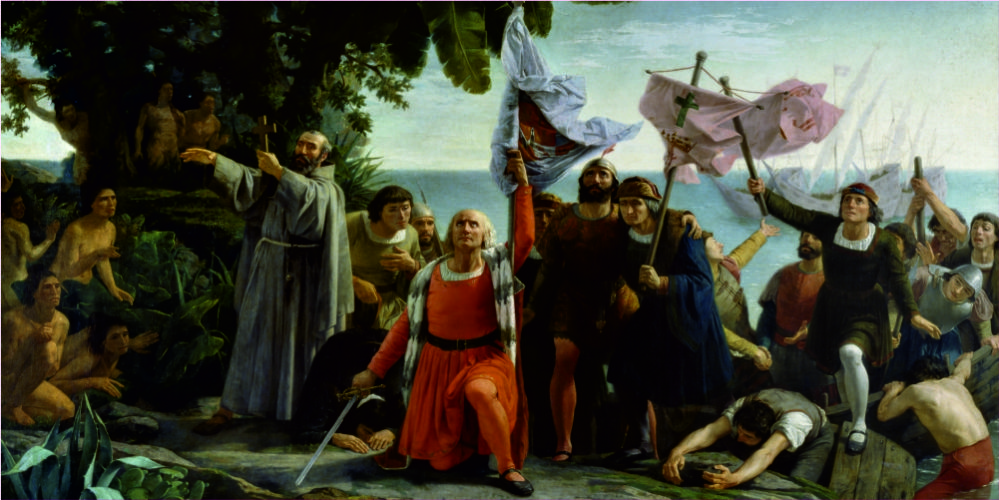 Pintura romántica de la llegada de Cristóbal Colón a América, por Dióscoro Puebla.